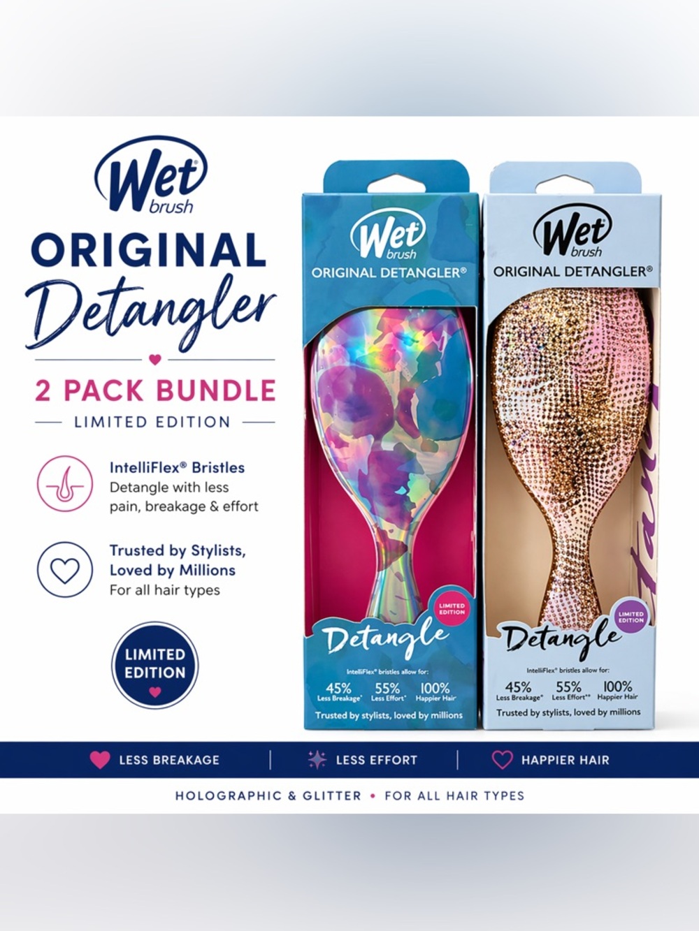 Wet Brush Original Detangler Bundle 2 Pack Limited Edition Holographic & Glitter